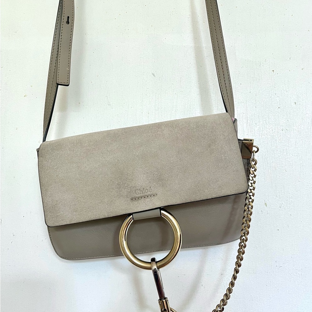CHLOE suede calfskin Small Faye Shoulder Bag Motty Grey